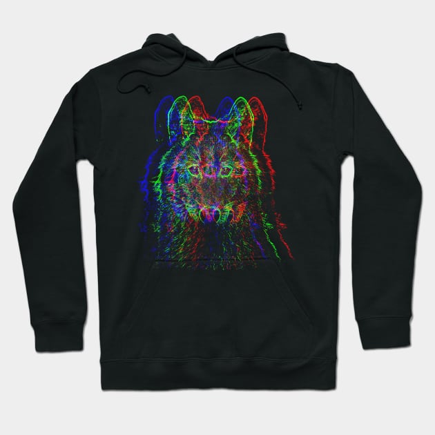 Dramabite Red Green Blue Glitch Wolf Hoodie by dramabite